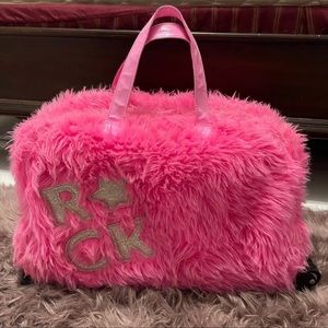 Justice Girls Fuzzy Pink ROCK Rolling Carry On Travel Bag Luggage w/ Wheels